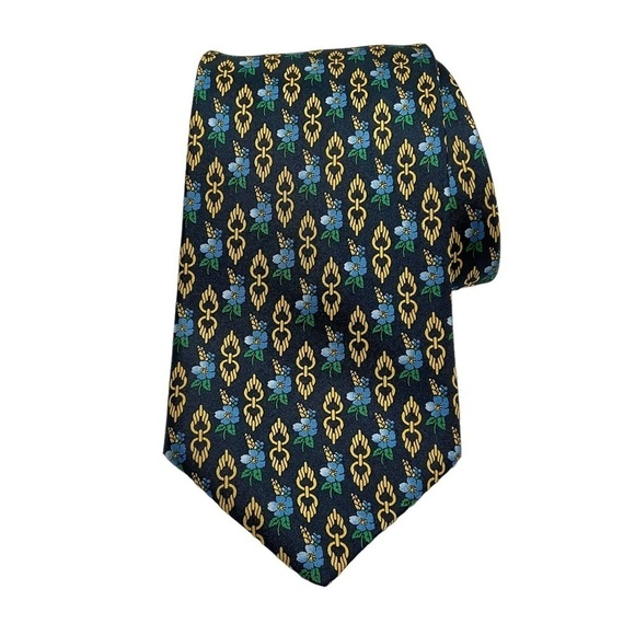 Vintage Silk Tie Hawaiian Flower Print Navy Blue Yellow Harvey Ashton - Picture 1 of 9